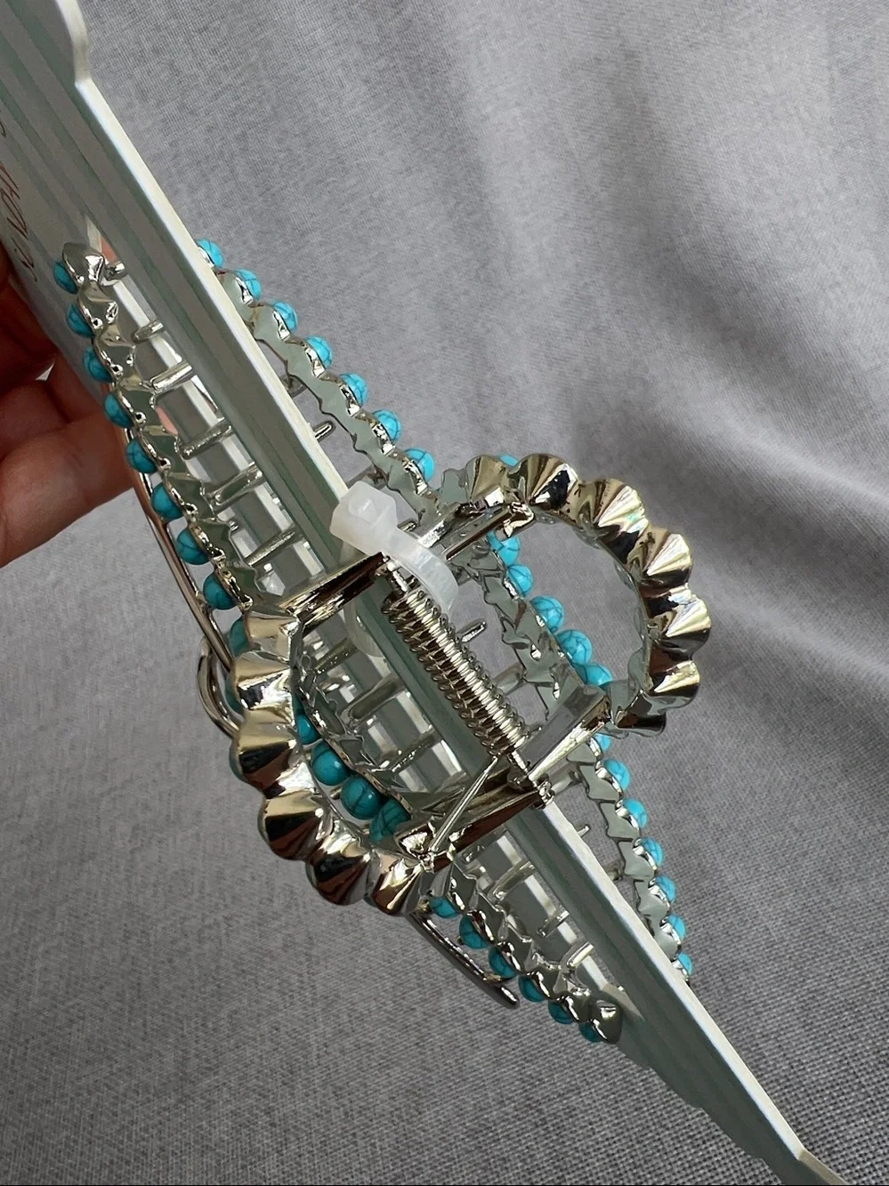 Sunday State Large Metal Claw Jaw hair clip Silver Turquoise Beads Encrusted 2